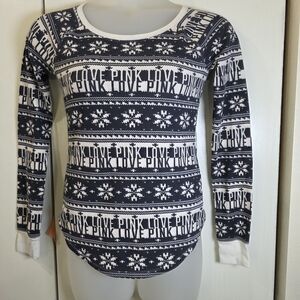 Victoria's Secret PINK Med Thermal Long Sleeve Top Fair Isle Snowflake Love Pink